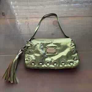 Michael Kors Lime Green Metallic Snakeskin Astor Grommet Leather Clutch